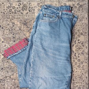 L.L. Bean Blue Flannel Lined Jeans with Red Plaid Lining